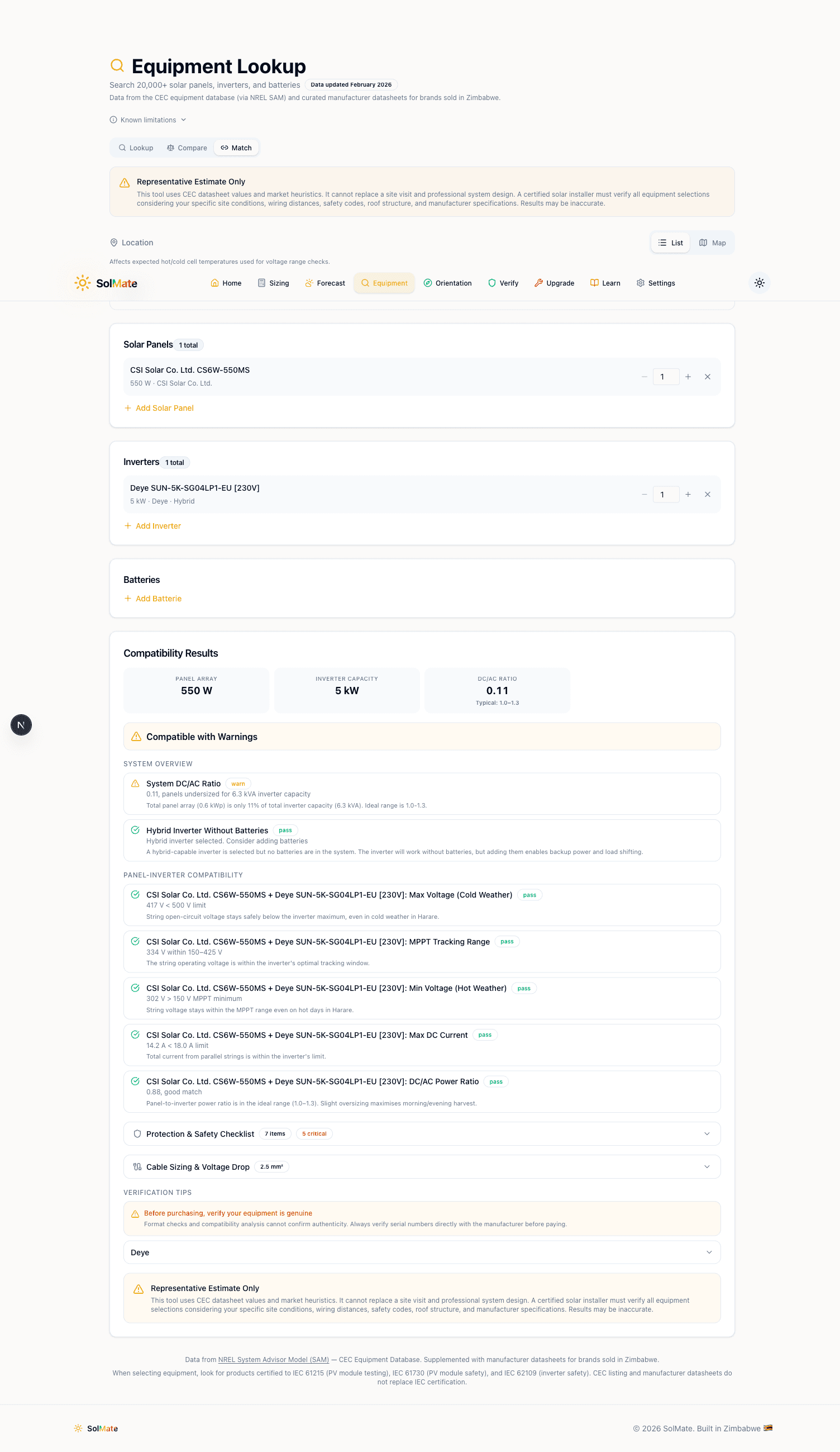 Match mode showing compatibility results with voltage checks and safety checklist