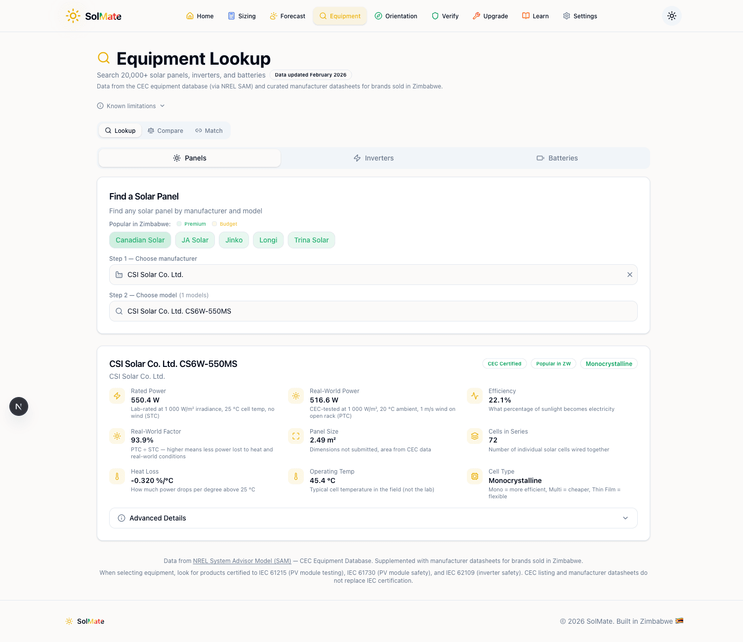 A Canadian Solar panel spec card showing detailed specifications