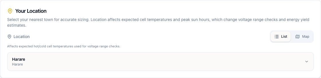 The location selector showing Harare selected with List and Map toggle