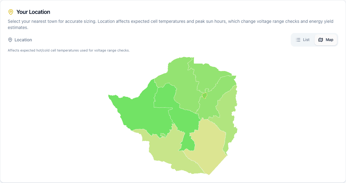 The map view showing Zimbabwe provinces colour-coded by solar potential