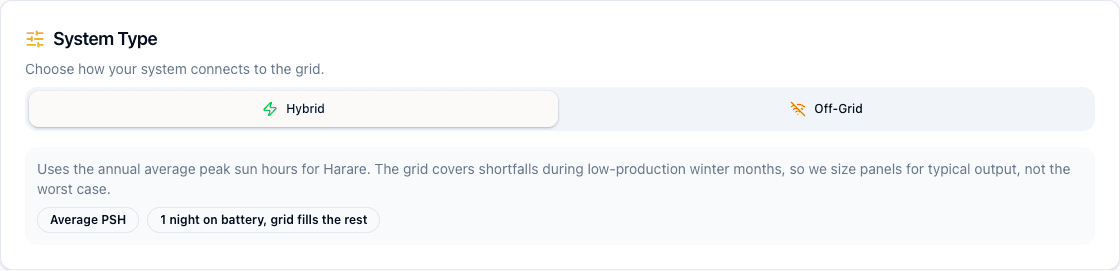 The system type selector showing Hybrid selected with an explanation of what it means